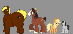 Size: 4278x2000 | Tagged: safe, artist:facade, applejack, trouble shoes, oc, oc:facade, oc:joey butterscotch, earth pony, pony, fat, size comparison