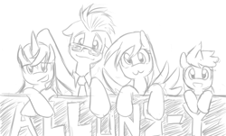 Size: 826x500 | Tagged: safe, artist:saturnspace, amethyst star, derpy hooves, dinky hooves, doctor whooves, sparkler, earth pony, pegasus, pony, unicorn, female, filly, looking at you, male, mare, monochrome, smiling, stallion