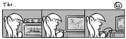 Size: 802x253 | Tagged: safe, artist:tetrapony, derpy hooves, pegasus, pony, comic:the daily derp, comic, female, mare, monochrome, oven, solo, television, the..., video game