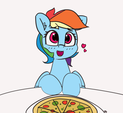Size: 3276x3011 | Tagged: safe, artist:pabbley, rainbow dash, pegasus, pony, 30 minute art challenge, blushing, cute, dashabetes, date, female, food, happy, heart, looking at you, mare, open mouth, pizza, signature, sitting, solo, table, that pony sure does love pizza