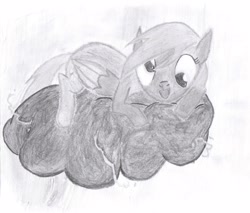 Size: 2908x2480 | Tagged: safe, artist:ed-skar, derpy hooves, pegasus, pony, female, high res, mare, monochrome, prone, solo, stormcloud, traditional art