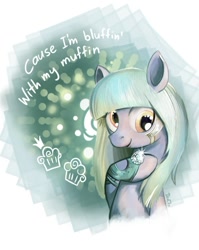 Size: 600x755 | Tagged: safe, derpy hooves, pegasus, pony, alternate hairstyle, crossover, female, lady gaga, mare, muffin, poker face (song), solo, song reference