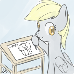 Size: 900x900 | Tagged: safe, artist:speccysy, derpy hooves, pegasus, pony, drawing, female, looking back, mare, muffin, smiling, solo