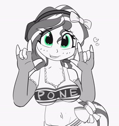 Size: 2714x2883 | Tagged: safe, artist:pabbley, sunset shimmer, equestria girls, adorasexy, belly button, bow, bra, breasts, clothes, cute, devil horn (gesture), evening gloves, eye clipping through hair, female, fingerless elbow gloves, fingerless gloves, gloves, hair bow, headphones, heart, hit or miss, long gloves, looking at you, neo noir, nico yazawa, panties, partial color, pone, sexy, shimmerbetes, smiling, solo, underwear