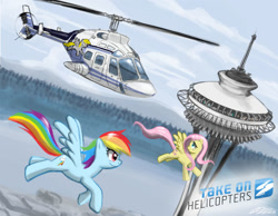 Size: 1389x1080 | Tagged: safe, artist:johnjoseco, derpy hooves, fluttershy, rainbow dash, pegasus, pony, duo, female, flying, helicopter, mare, seattle, space needle