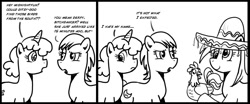 Size: 1000x414 | Tagged: safe, artist:madmax, derpy hooves, oc, oc:bitchdancer, oc:midnight fun, earth pony, pegasus, pony, unicorn, comic, female, mare, monochrome, sombrero, went north to get the southern birds