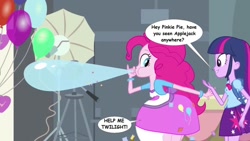 Size: 1024x576 | Tagged: safe, artist:voreediter, edit, edited screencap, screencap, applejack, pinkie pie, twilight sparkle, equestria girls, equestria girls (movie), balloon, comic sans, dialogue, fetish, vore