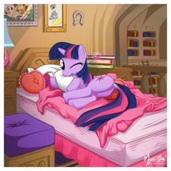 Size: 1040x1040 | Tagged: safe, artist:mysticalpha, applejack, derpy hooves, fluttershy, twilight sparkle, earth pony, pegasus, pony, unicorn, bed, bedroom, book, cute, dock, female, golden oaks library, heart, horseshoes, looking at you, looking back, mare, on side, one eye closed, pillow, plot, solo, twiabetes, wink