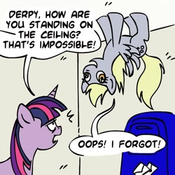 Size: 945x945 | Tagged: safe, artist:megasweet, derpy hooves, twilight sparkle, pegasus, pony, unicorn, derpy physics, dialogue, duo, female, mailbox, mare, standing on the ceiling, upside down