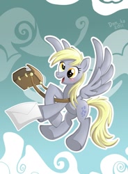 Size: 700x950 | Tagged: safe, artist:don-ko, derpy hooves, pegasus, pony, bag, female, flying, happy, letter, mail, mailbag, mare, outline, sky, solo, underhoof