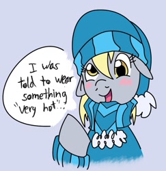 Size: 777x800 | Tagged: safe, artist:elosande, derpy hooves, pegasus, pony, blushing, cap, clothes, female, floppy ears, hat, mare, scarf, solo