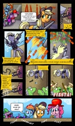 Size: 1184x2000 | Tagged: safe, artist:madmax, applejack, derpy hooves, rainbow dash, spike, twilight sparkle, dragon, earth pony, pegasus, pony, unicorn, zombie, a perfect circle, comic, facial hair, female, gun, handgun, mare, moustache, piñata, revolver, shotgun, song reference, sunglasses, weapon