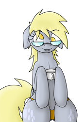 Size: 3046x4395 | Tagged: safe, artist:efrejok, derpy hooves, pegasus, pony, clothes, cup, female, glasses, mare, no pupils, orange underwear, panties, simple background, sitting, smiling, solo, underwear, white background