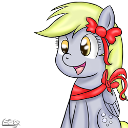 Size: 900x900 | Tagged: safe, artist:freefraq, derpy hooves, pegasus, pony, bow, female, happy, mare, present, ribbon, simple background, sitting, solo, transparent background