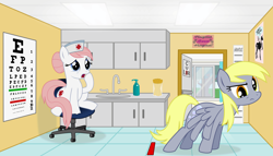 Size: 6000x3422 | Tagged: safe, artist:blackgryph0n, derpy hooves, nurse redheart, earth pony, pegasus, pony, absurd resolution, duo, duo female, eye chart, eye exam, fail, female, hospital, mare, vector