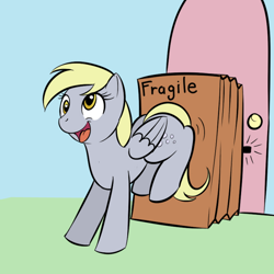 Size: 800x800 | Tagged: safe, artist:kloudmutt, derpy hooves, pegasus, pony, door, female, fragile, mare, package, pushing, smiling, solo