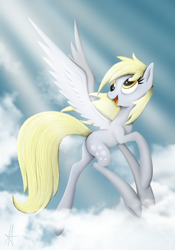 Size: 1692x2415 | Tagged: safe, artist:ardas91, derpy hooves, pegasus, pony, cloud, female, flying, happy, looking back, mare, sky, solo, sunshine