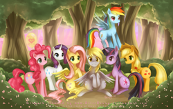 Size: 1200x758 | Tagged: safe, artist:felynea, applejack, derpy hooves, fluttershy, pinkie pie, rainbow dash, rarity, twilight sparkle, earth pony, pegasus, pony, unicorn, balloon, female, heart, mane six, mare, tree