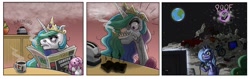 Size: 1646x519 | Tagged: safe, artist:dalapony, derpy hooves, princess celestia, princess luna, alicorn, horse, pegasus, pony, angry, banishment, breakfast, cigarette, clothes, coffee, comic, faic, female, gamer luna, mare, moon, morning ponies, newspaper, s1 luna, sharp teeth, slippers, smoking, space, to the moon, toast, toaster, welcome princess celest