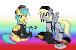 Size: 1280x847 | Tagged: safe, artist:blayaden, derpy hooves, rainbow dash, sunshower raindrops, pegasus, pony, clothes, female, hat, hoodie, mare, muffin, question mark, scrunchy face