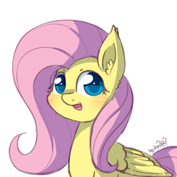 Size: 1920x1920 | Tagged: safe, artist:dsp2003, fluttershy, pegasus, pony, 2017, blushing, colored pupils, cute, ear fluff, female, looking at you, open mouth, shyabetes, signature, simple background, sketch, smiling, solo, white background