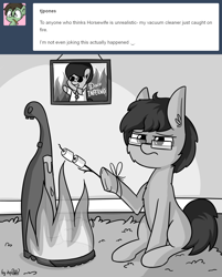 Size: 1920x2389 | Tagged: safe, artist:dsp2003, oc, oc only, oc:tjpones, earth pony, pony, 2017, ask, black and white, disco, disco inferno, fire, food, grayscale, i can't believe it's not tjpones, male, marshmallow, monochrome, ponysona, style emulation, tumblr, vacuum burner, vacuum cleaner