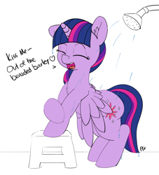 Size: 1280x1407 | Tagged: safe, artist:pabbley, twilight sparkle, twilight sparkle (alicorn), alicorn, pony, 30 minute art challenge, adorkable, cute, dialogue, dork, eyes closed, female, kiss me, mare, open mouth, plot, shower, singing, singing in the shower, sixpence none the richer, solo, song reference, twiabetes