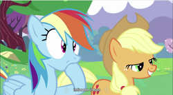 Size: 856x473 | Tagged: safe, derpibooru import, screencap, applejack, rainbow dash, earth pony, pegasus, pony, female, mare, youtube caption