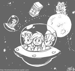 Size: 800x750 | Tagged: safe, artist:johnjoseco, apple bloom, derpy hooves, princess luna, scootaloo, sweetie belle, alicorn, pegasus, pony, cartographer's cap, cutie mark crusaders, female, grayscale, hat, mare, monochrome, moonstuck, space, tardis, ufo, woona