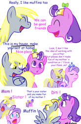 Size: 990x1500 | Tagged: safe, artist:caluriri, derpy hooves, diamond tiara, dinky hooves, screwball, pegasus, pony, comic, female, headcanon, mare, mother and child, mother and daughter, parent and child, siblings, sisters