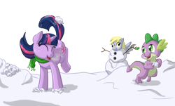 Size: 2016x1214 | Tagged: safe, artist:rustedrabbit, derpy hooves, spike, twilight sparkle, dragon, pegasus, pony, clothes, eyes closed, female, mare, scarf, snow, snowman, snowpony, trio