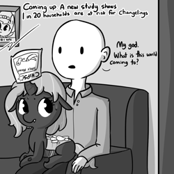 Size: 1080x1080 | Tagged: safe, artist:tjpones, oc, oc only, oc:brownie bun, oc:chips, oc:richard, changeling, changeling queen, earth pony, human, pony, horse wife, #1 wife, 2017, changeling oc, changeling queen oc, chips, comic, dialogue, female, food, grayscale, human male, male, mare, monochrome, open mouth, paper-thin disguise, picture, picture frame, single panel, sweat, tumblr