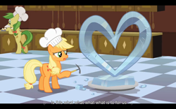 Size: 1024x640 | Tagged: safe, derpibooru import, screencap, applejack, earth pony, pony, a canterlot wedding, female, mare, youtube caption