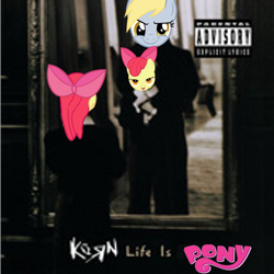 Size: 640x640 | Tagged: safe, artist:detectivebuddha, apple bloom, derpy hooves, pegasus, pony, album cover, female, korn, life is peachy, mare