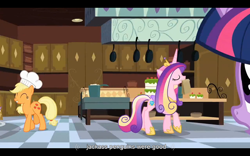 Size: 1024x640 | Tagged: safe, derpibooru import, screencap, applejack, princess cadance, twilight sparkle, alicorn, earth pony, pony, a canterlot wedding, youtube caption