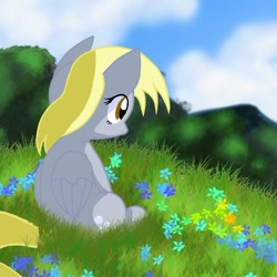 Size: 1369x1369 | Tagged: safe, artist:pyruvate, derpy hooves, pegasus, pony, female, flower, mare, sitting, solo