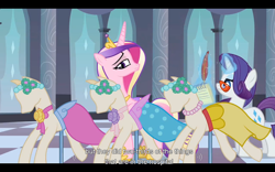 Size: 1024x640 | Tagged: safe, derpibooru import, screencap, princess cadance, rarity, alicorn, pony, unicorn, a canterlot wedding, youtube caption