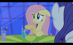 Size: 1024x640 | Tagged: safe, derpibooru import, screencap, fluttershy, rarity, pegasus, pony, unicorn, a canterlot wedding, youtube caption