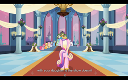 Size: 1024x640 | Tagged: safe, derpibooru import, edit, edited screencap, screencap, applejack, fluttershy, pinkie pie, princess cadance, princess celestia, rainbow dash, rarity, spike, alicorn, dragon, earth pony, pegasus, pony, unicorn, a canterlot wedding, butt, caption, female, mare, plot, youtube caption