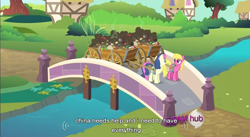 Size: 854x469 | Tagged: safe, screencap, bon bon, cherry berry, sweetie drops, putting your hoof down, bridge, hub logo, hubble, river, the hub, trash, wagon, youtube caption