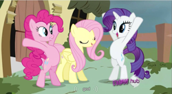 Size: 853x472 | Tagged: safe, derpibooru import, screencap, fluttershy, pinkie pie, rarity, earth pony, pegasus, pony, unicorn, god, youtube caption