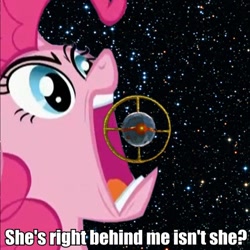 Size: 450x450 | Tagged: safe, pinkie pie, earth pony, pony, clash of hasbro's titans, duo, female, forever, image macro, macro, mare, meme, open mouth, space, stars, transformers, unicron