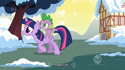 Size: 630x356 | Tagged: safe, derpibooru import, edit, edited screencap, screencap, rarity, spike, twilight sparkle, dragon, pony, unicorn, winter wrap up, caption, dragons riding ponies, ei, explosion, female, hub logo, male, mare, riding, snow, youtube caption