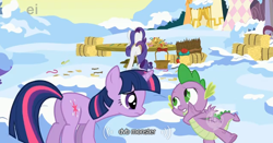 Size: 634x332 | Tagged: safe, derpibooru import, edit, edited screencap, screencap, rarity, spike, twilight sparkle, dragon, pony, unicorn, winter wrap up, butt, caption, ei, female, hub logo, male, mare, plot, snow, youtube caption