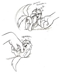 Size: 861x1053 | Tagged: safe, artist:mickeymonster, lyra heartstrings, human, pony, unicorn, bellyrubs, blushing, cute, female, hand, human fetish, itch, mare, micro, monochrome, on back, sketch, tail wag, tickling, tiny ponies