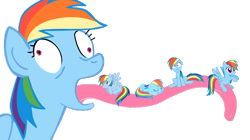 Size: 834x466 | Tagged: safe, rainbow dash, pegasus, pony, dashstorm, derp, female, impossibly long tongue, mare, micro, multeity, pun, self ponidox, taste the rainbow, tongue out, visual pun, wat