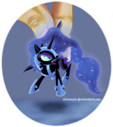 Size: 654x736 | Tagged: safe, artist:zymonasyh, nightmare moon, alicorn, human, pony, angry, female, hand, holding a pony, in goliath's palm, mare, micro, solo focus