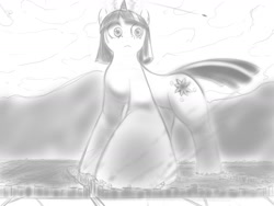 Size: 1600x1200 | Tagged: safe, artist:purehai, twilight sparkle, pony, unicorn, city, female, macro, mare, mega twilight sparkle, monochrome, solo