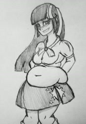 Size: 1440x2072 | Tagged: dead source, safe, artist:evillarry1234, twilight sparkle, equestria girls, belly, belly button, big belly, fat, monochrome, sketch, solo, traditional art, twilard sparkle