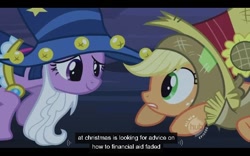 Size: 640x400 | Tagged: safe, derpibooru import, screencap, applejack, star swirl the bearded, twilight sparkle, earth pony, pony, luna eclipsed, youtube caption